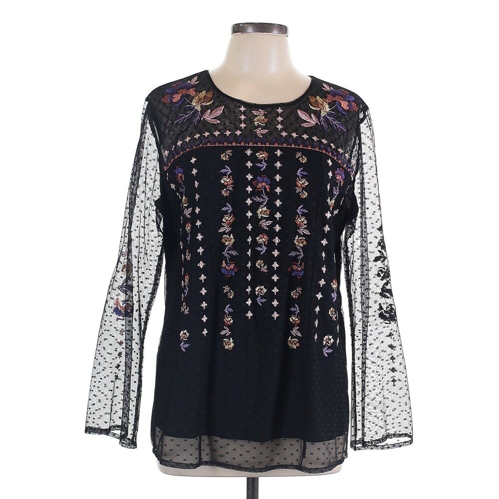 Style & Co Long Sleeve Floral Embroidered Sheer Boho Tunic Blouse Black SZ M